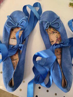 Miss L Fire Blue Suede Ballet Flats With Ribbon Ties Size 36 Bird Print Insole